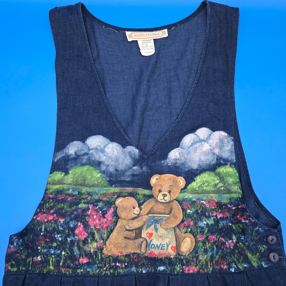 Pam's Closet Denim Jumper Dress‎ Medium Teddy Bear Honeycore Cottagecore